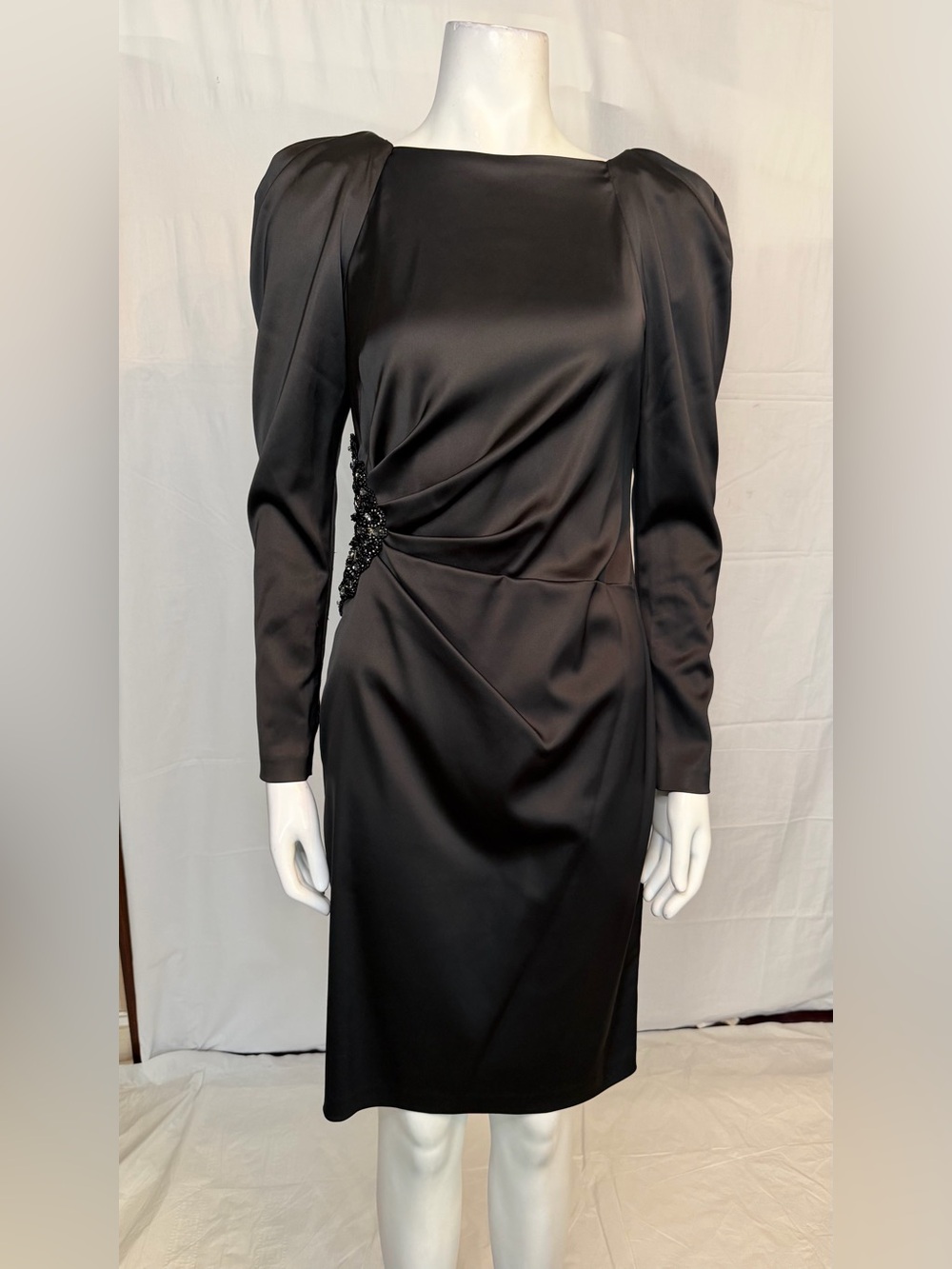 David Meister Black Satin Long-Sleeve Sheath Dress with Draped Waist - Picture 2 of 7